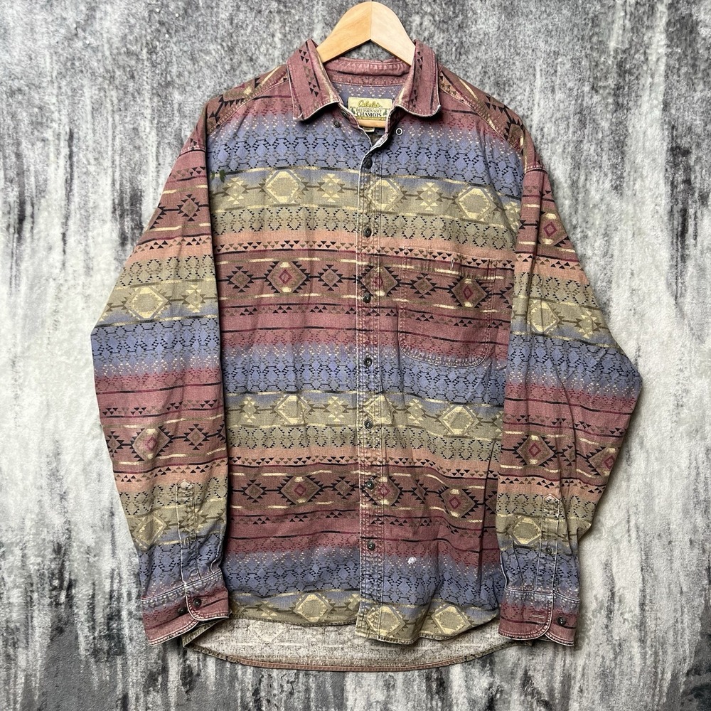 VTG Cabelas Men's Sz XL Tall Deerskin Soft Chamois Button Down Aztec Western